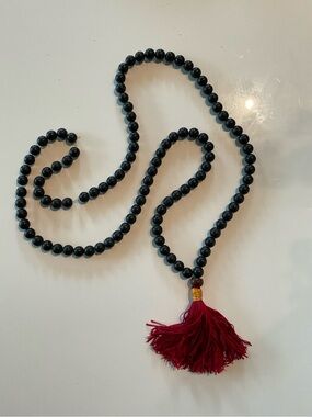 Black Beaded Mala Necklace with Red Tassel